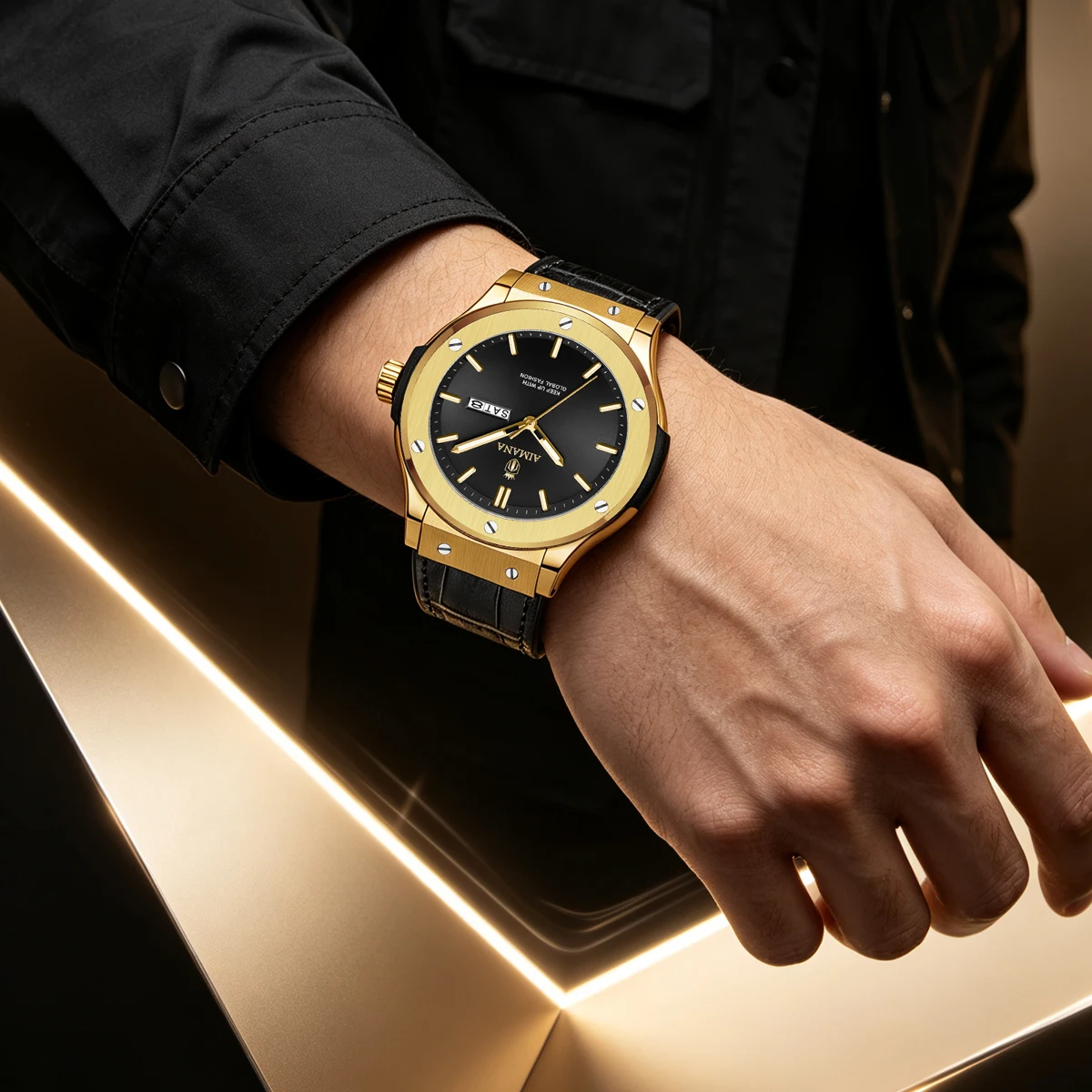 AIMANA Men Wrist Watch Waterproof Dual Calendar Luminous Hands Gold Case Black Leather Strap Business Male Quartz Wristwatch