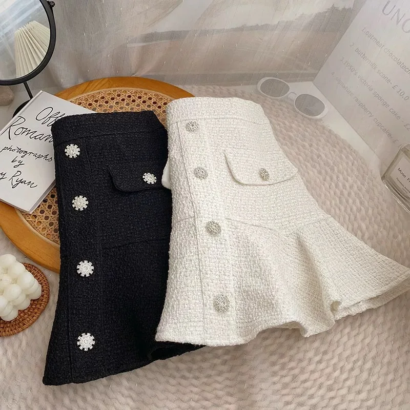 Girls Autumn Korean Ruffle Edge Elastic High Waisted Single Breasted Coarse Tweed A-line Skirt 2025 Anti Slip Half Skirt