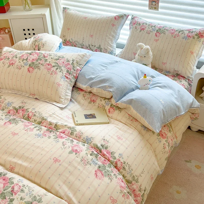 Elegant Floral Cotton Duvet Cover Set Watercolor Flowers Striped Pattern Comforter Covers 3 Pieces Soft Breathable Bedding Sets