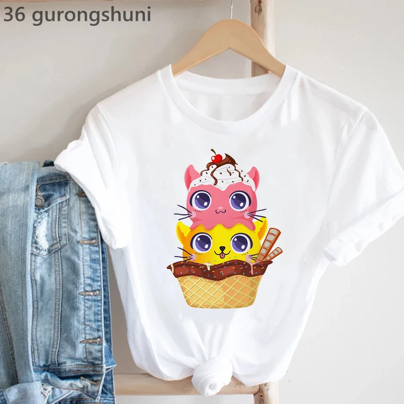 Ice Cream Cat Print Tshirt Girl Women Clothes 2024 Funny Summer Stylish T-Shirt Femme Harajuku Shirt Short Sleeve T Shirt Femal