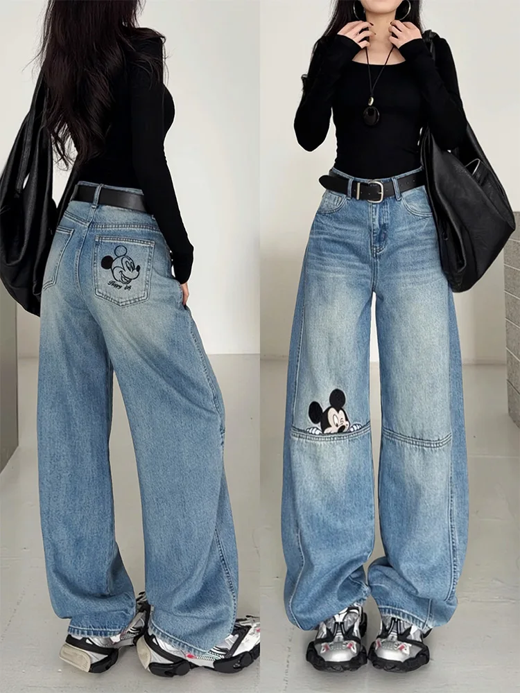 

Casual Embroidered Miey Heavy Du Bent Knife Pants Loose Waed Versatile Spring New Sle Jeans l Waist Zipper Closure