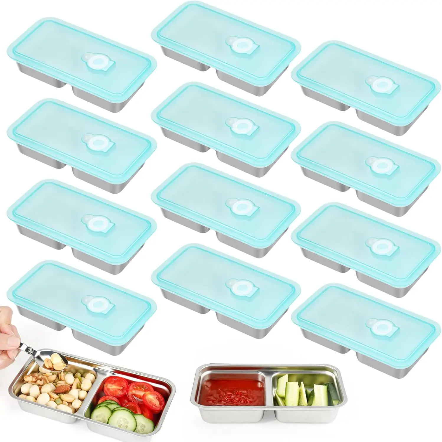 

12 упаковок контейнеров для закусок из нержавеющей стали с крышками, контейнеры для ланч-боксов с 12 складными вилками, можно мыть в микроволновой печи и в посудомоечной машине, идентификатор