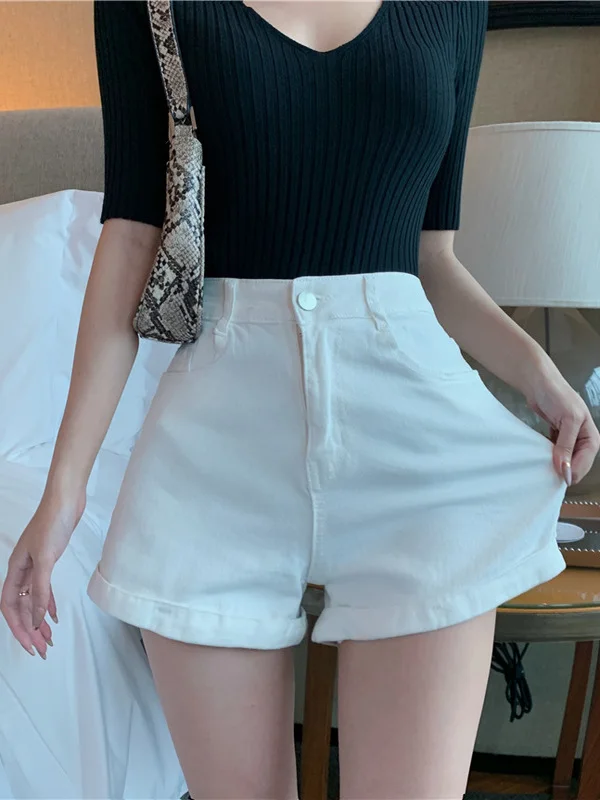 

Белые джинсовые шорты женские летние тонкие повседневные с высокой талией, широкими штанинами, А-силуэт, с манжетами, дышащие, свободного кроя