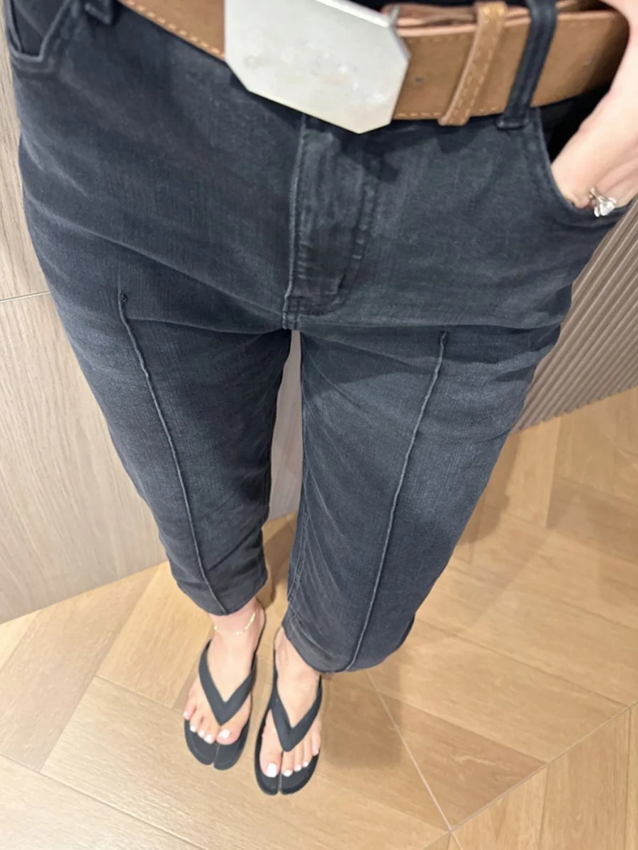 하이웨이스트 신축성 있는 블랙 나인텐스 진 여성용 봄 가을 신상품 큰 사이즈 통통한 여성용 슬림핏 가리개 효과 스트레이트 레그...