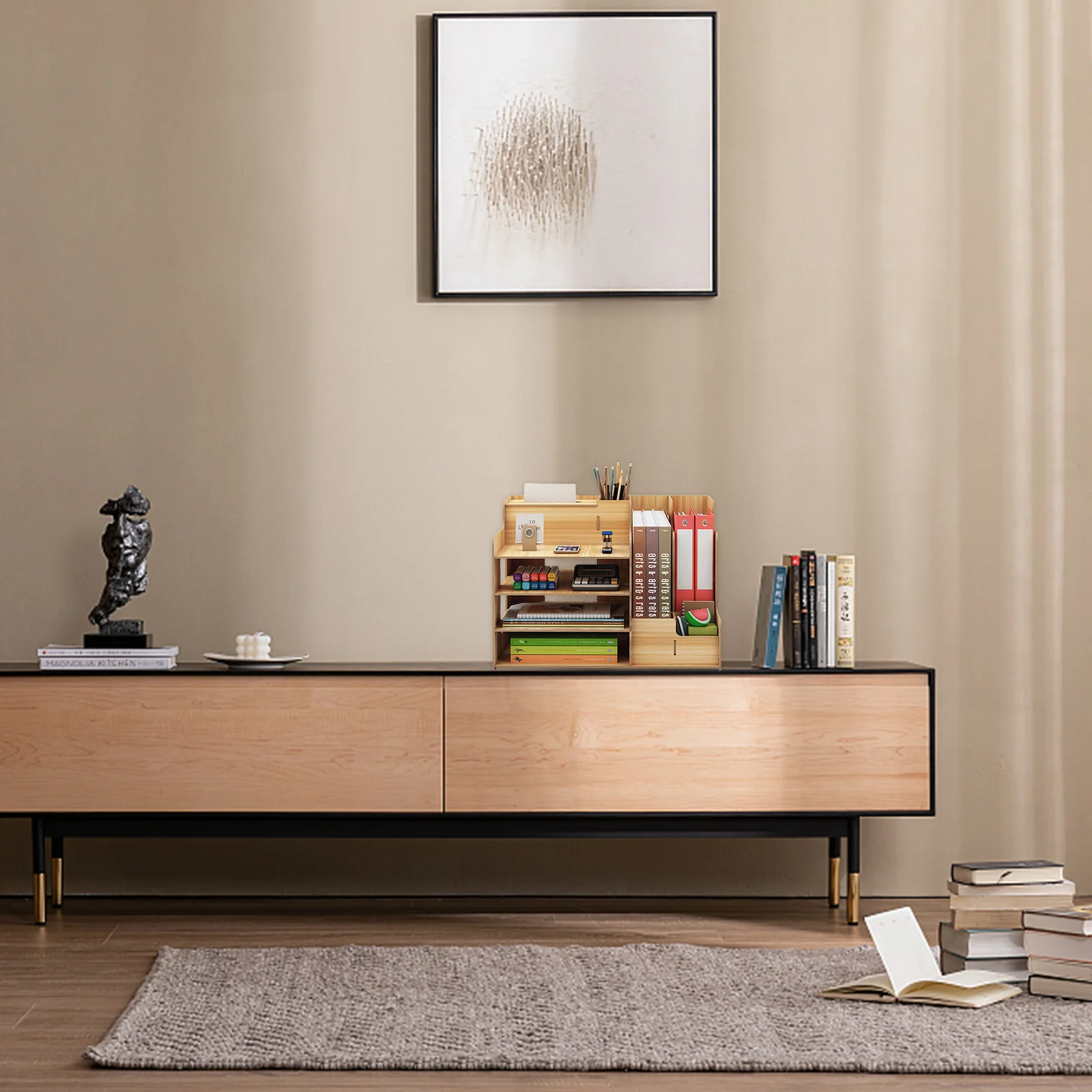 

1pc Tabletop Storage Shelf Stationery Wooden Rack Desktop Organizing Holder Book Storage Rack Wooden Material Compact