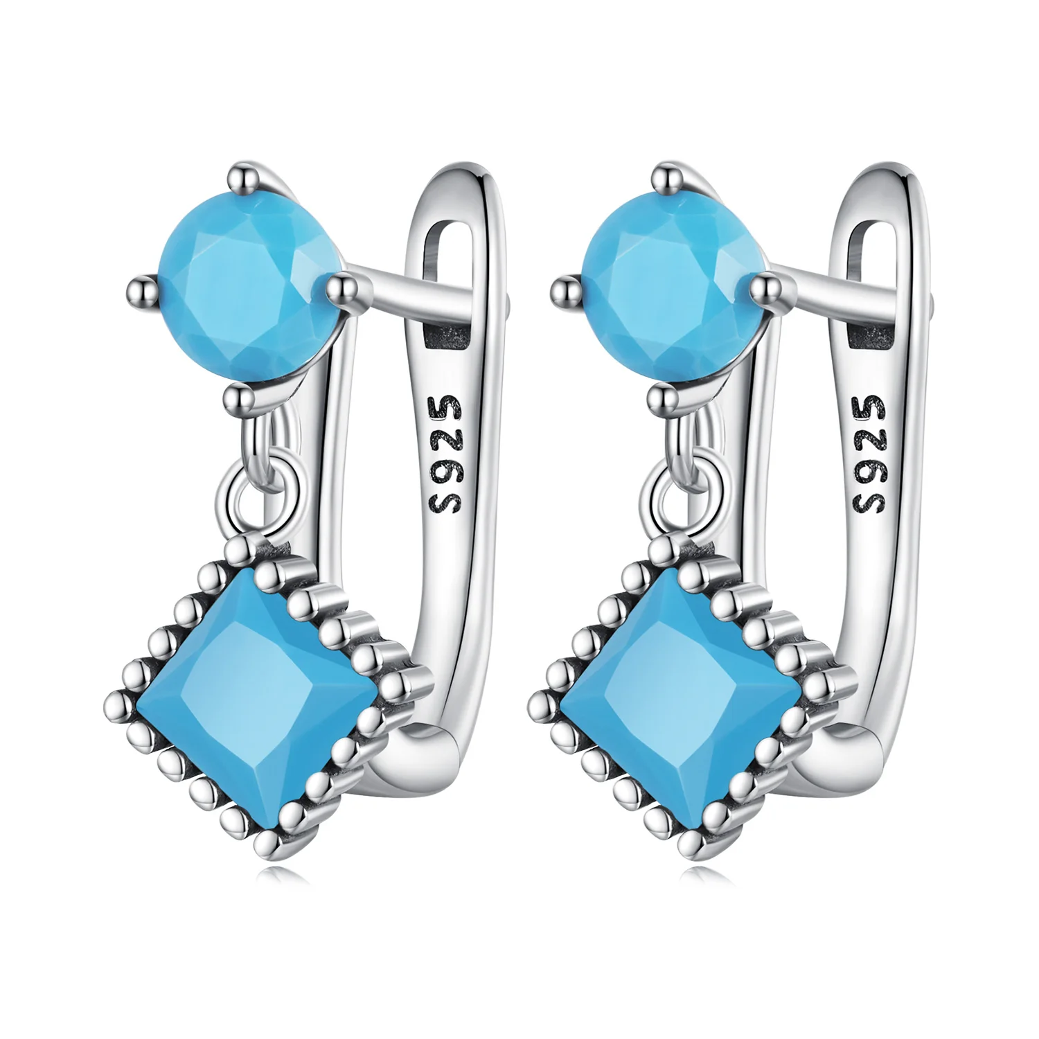 

S925 Sterling Silver Simple Square Turquoise Earring Turquoise Geometric Round Earrings