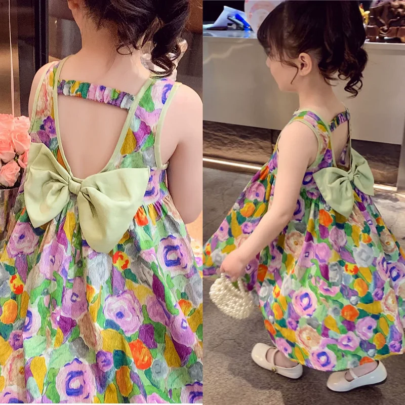 Summer Baby and Girls All-Over Printed Floral Bow Tie Backless Long Vest Dresses Kids Outfit Children Sweet Vacation Skirt 2-8Yr