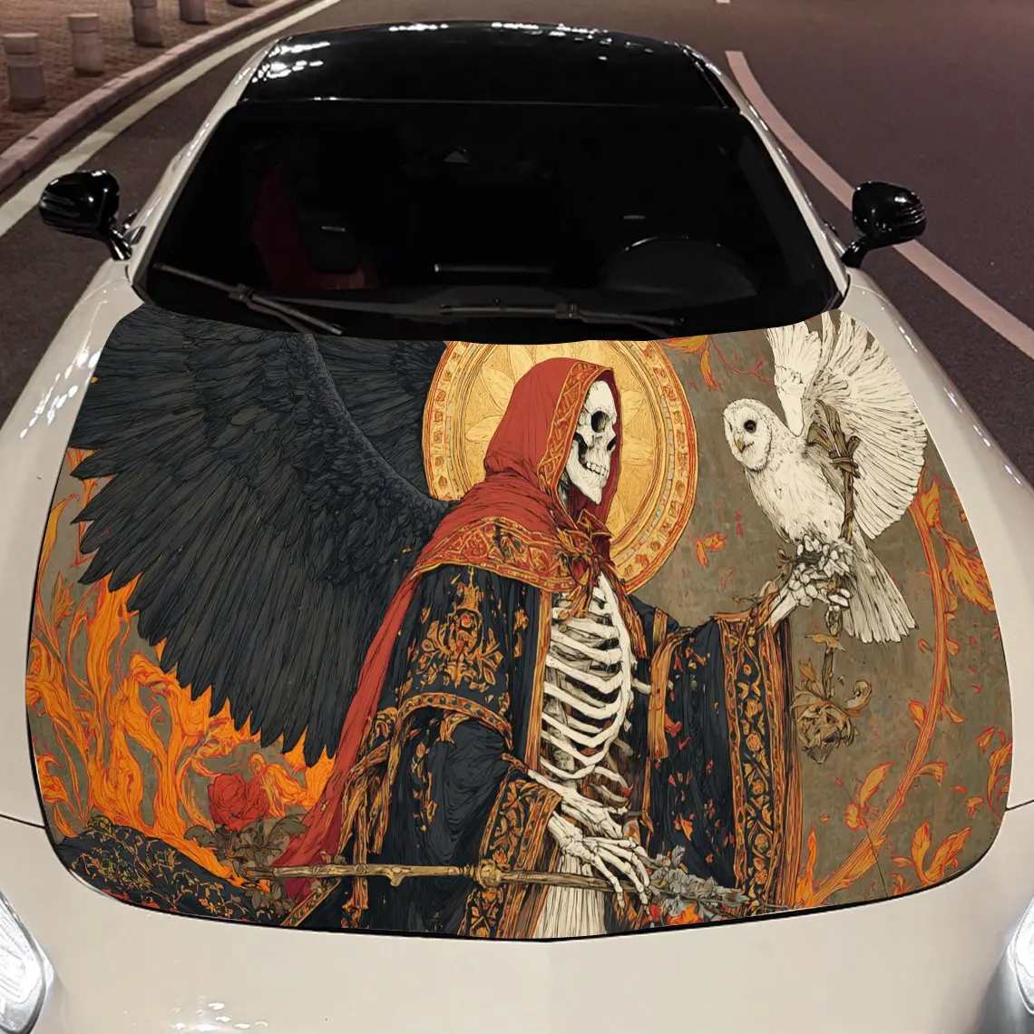 ملصق غطاء محرك السيارة الكلاسيكي ذو الهيكل العظمي الإلهي والبومة، يلتف الفينيل التلقائي، ملصق سيارة ذاتي اللصق مقاوم للماء، متين ونملة #1