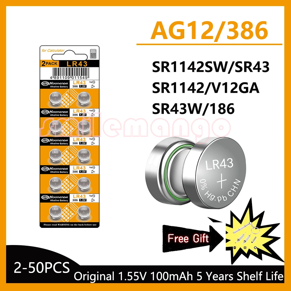 2-50 قطعة 1.55 فولت AG12 LR43 100 مللي أمبير خلية زر الليثيوم SR43 386 LR1142 V12GA AG 12 SR43W SR1142 عملة خلية ساعة اللعب بطارية عن بعد