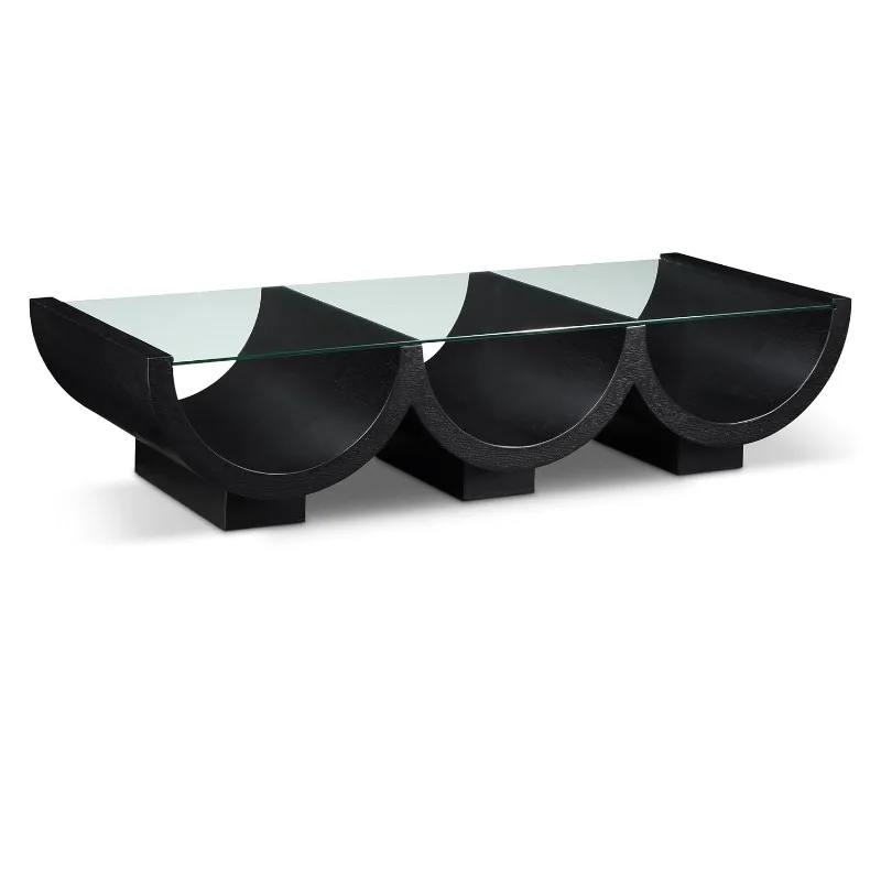 99023Black-CT Beverwil Collection Art Deco Coffee Table with Rich Black Finish, Natural Oak Veneer, Glass Top, 60