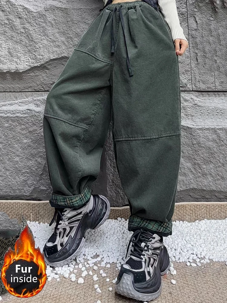 Amax luluE Winter Womens Corduroy Fur Pantalons Fashion Loose Harem Trousers Ladies Classic Casual Vintage Warm Thicken Clothing