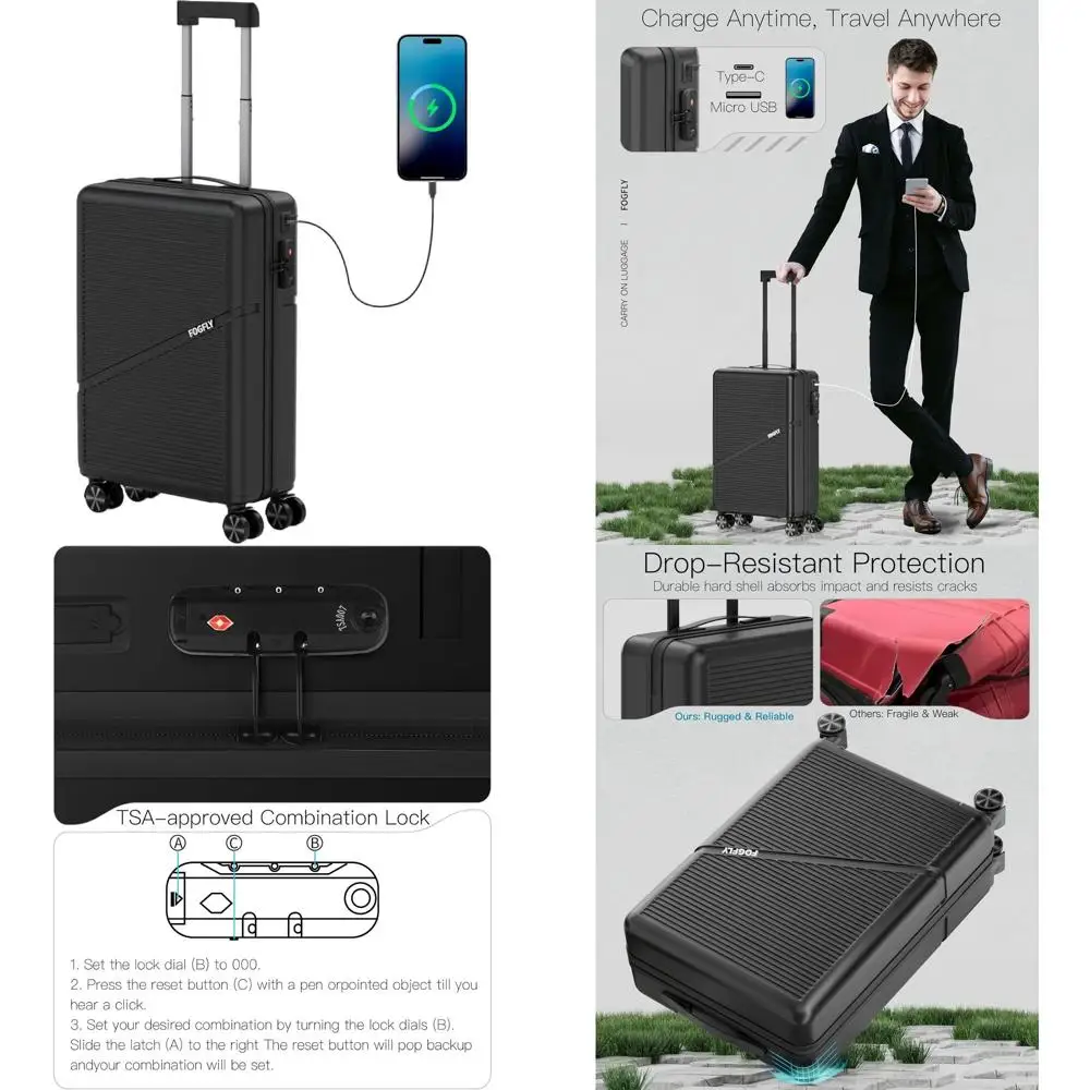 

Легкий чемодан-спиннер с твердой поверхностью 20, замком TSA, USB-портом и материалами для ПК для путешествий