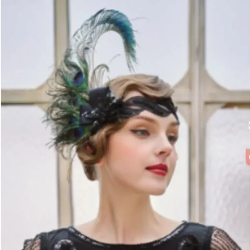 

1920s Flapper Headband Peacock Feather Headpiece Gatsby Accessories Women Sequined Showgirl Headpiece резинки для волос 헤어밴드