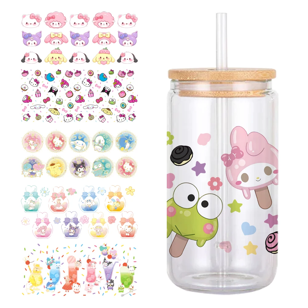 11*24cm Sanrio Catoon Friends UV DTF Sticker DIY For 16oz Glass Cup Waterproof Decals Coffee Cup Sticker