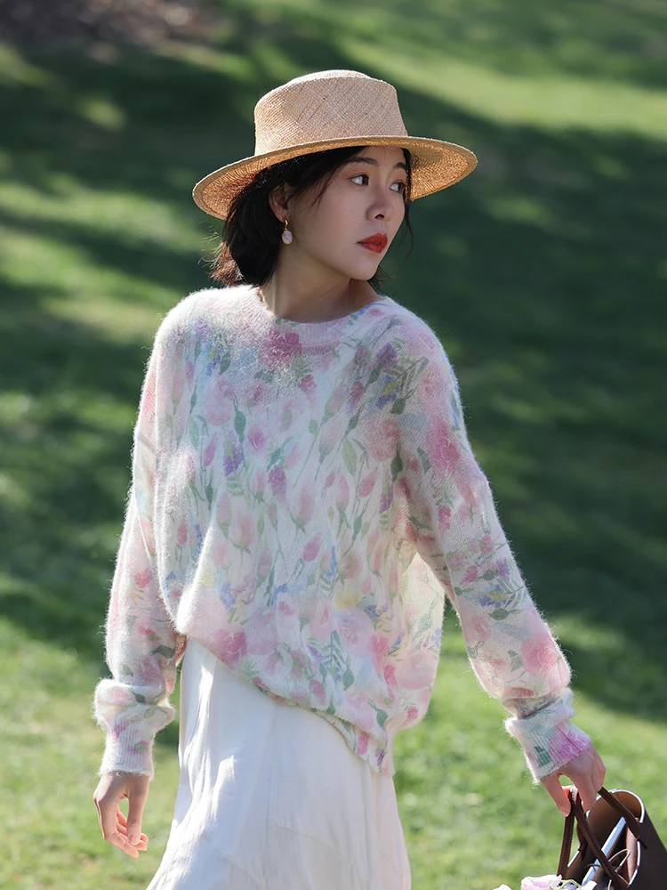 

WeTHEE Весенний свитер-накидка с цветочным принтом, легкий, мягкий, вязаный, из смесовой шерсти, с длинными рукавами, свободного кроя, в китайском стиле