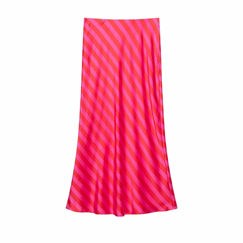 KEYANKETIAN 2026 Vibrant Stripe Satin Long Skirt High Waist Silky Texture Diagonal Print Flowy Mermaid Hem Women Midi Skirt