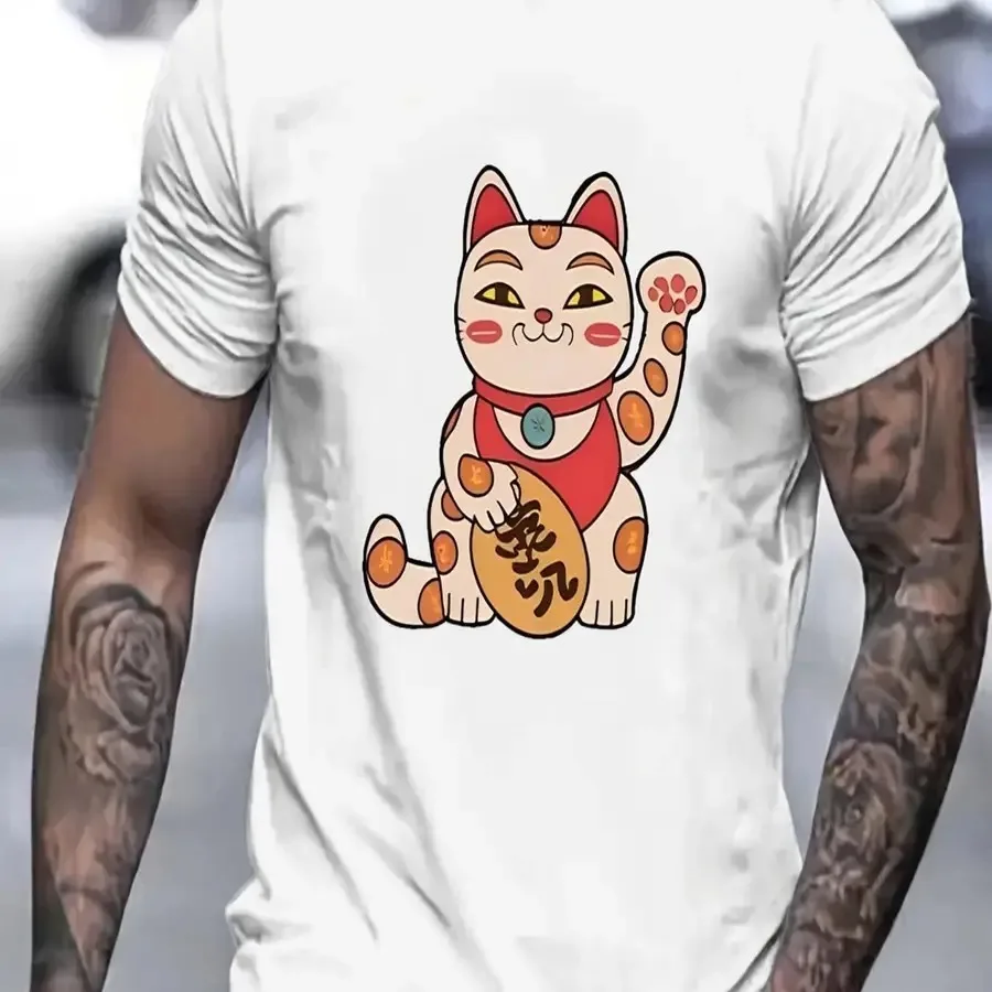 【Nuevo estilo】Camiseta blanca de talla grande para hombre con diseño colorido de gato de la suerte Maneki-Neko - Camiseta informal con cuello redondo y diseño de gato de la suerte