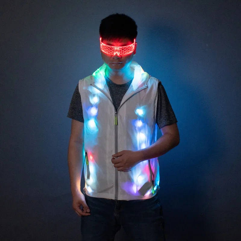 

LED Sleeveless Hooded Vest Party Gathering Street Dance Bar Outfit Nightclub Stage Performance Costume Halloween Cosplay Suit