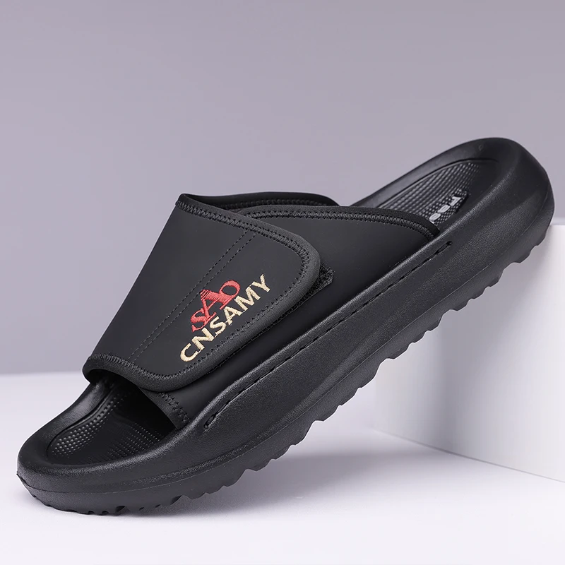 Men Adjustable Strap Slide Sandals Embroidered Letter Open Toe Slippers Thick Platform Non Slip Soft Sole Summer Casual Outdoor