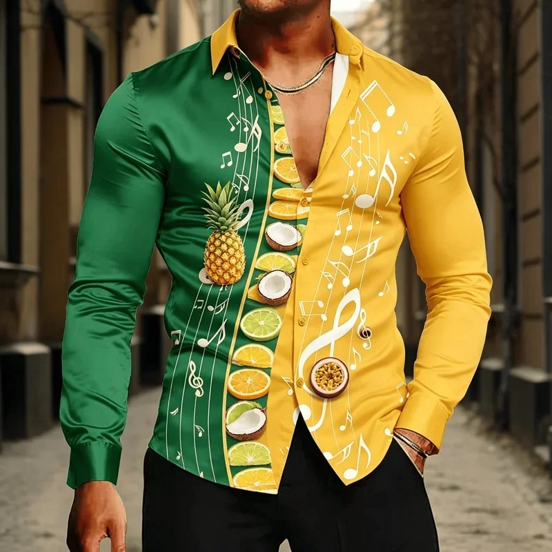 Men's Music Gear Print Long Sleeve Shirt, Vintage Clock & Piano Key Pattern, Creative Retro Style Button Down for Spring Summer