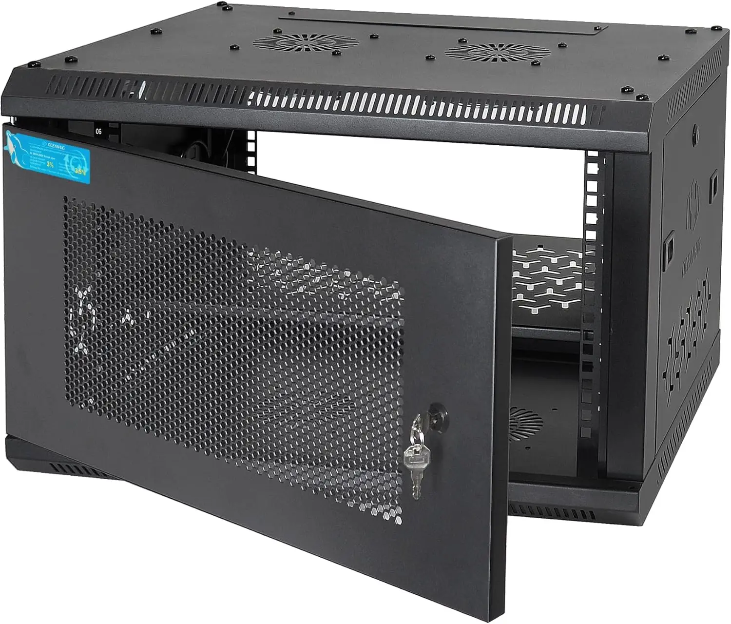 6U Wall Mount Server Cabinet with A Lockable Front Vented Door, Cooling Fans, Removable Side Panels - 45cm Depth, 19