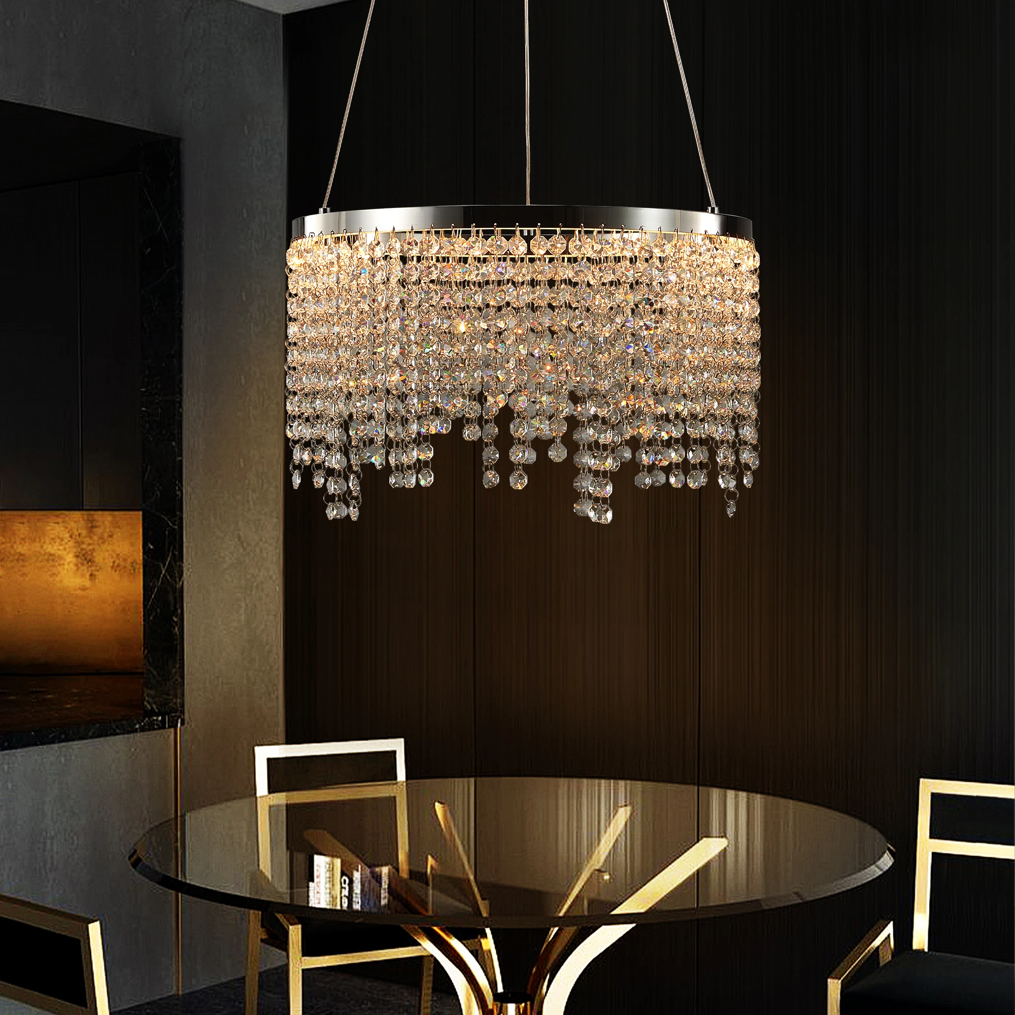 16-inch Luxury Crystal LED Chandelier - Adjustable Height and Color Temperature (3000K-6000K) -Modern Chandelier for Living Room