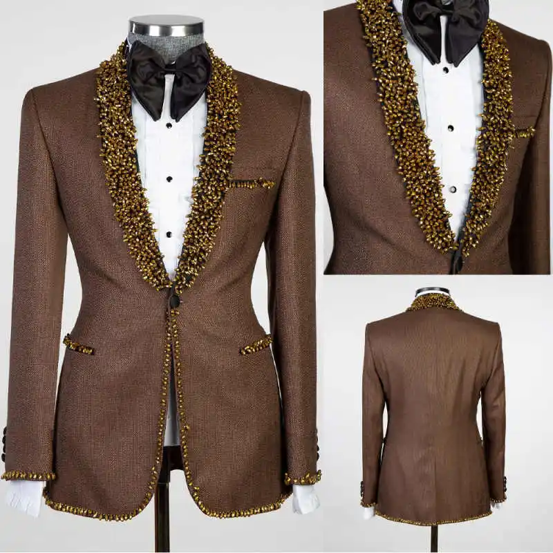 

Luxury Beaded Men Suits One Button Shawl Lapel Pant Sets Classic Fit Groom Wedding Tuxedos 2 Pieces Customized