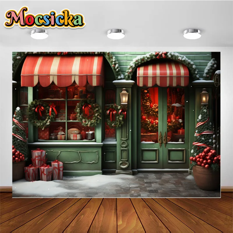 Photography Backgrounds Green Christmas Shop Gift Boxes Xmas Tree Decoration Backdrops Family Portrait Photosbooth Party Props