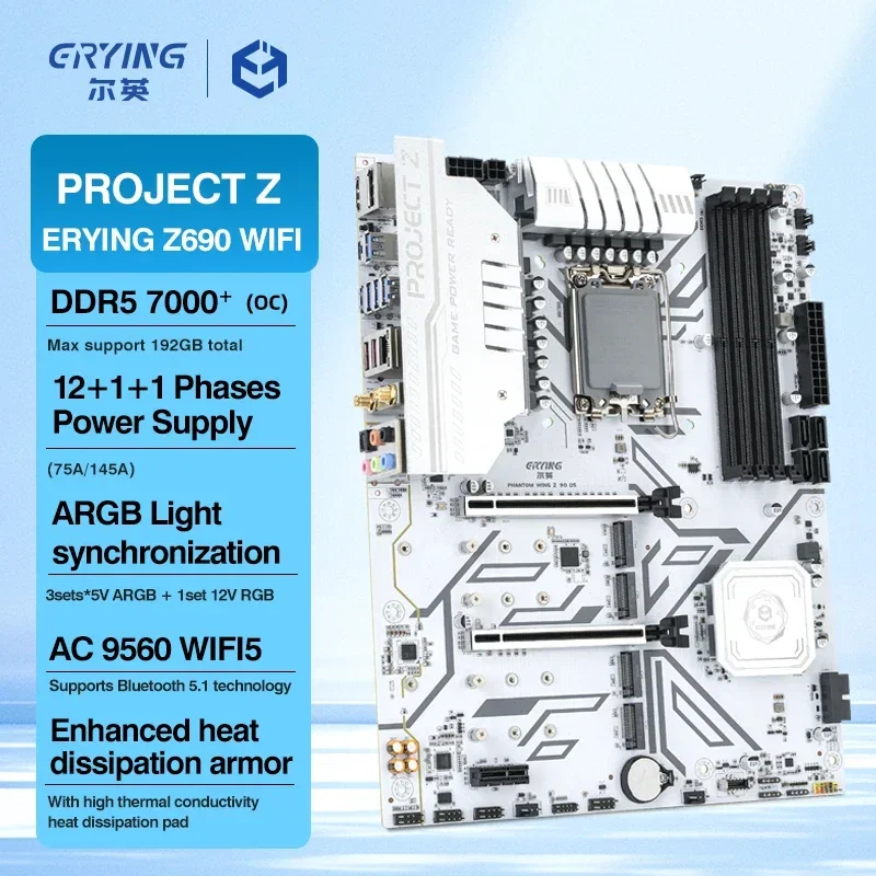 ERYING Z690 DDR5 Wi-Fi5 Motherboard LGA 1700 Mainboard ATX ARGB Support 14th/13th/12th Gen i7-14700K i5-14600K CPU M.2 placa mae