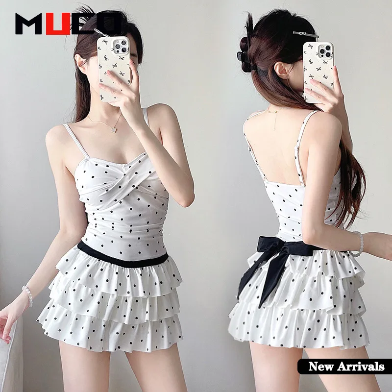 

New Generic Women's One Piece Swimsuit Polka Dot Ruffled Skirt Spaghetti Strap Bow Knot Back Sexy Teen Girls Beach Pool Swimwear
