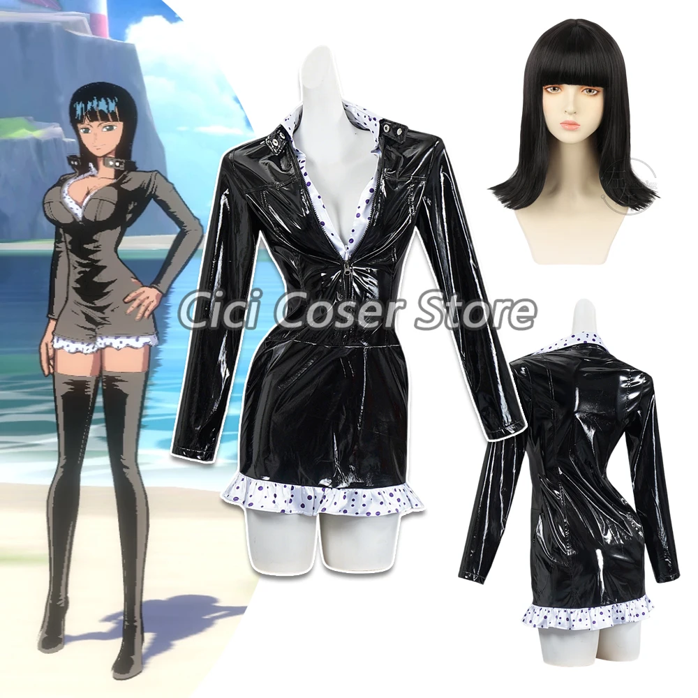 Disfraz de Anime Miss All Sunday Nico Robin, vestido de cuero negro con escote en V profundo, manga larga para mujer, trajes de fiesta de Halloween