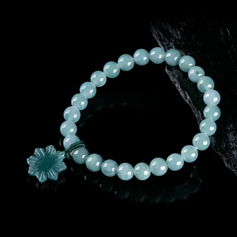 100% Genuine A-goods Jadeite Blue Water Sunflower Strings 6.5mm Round Beads Icy Jade Men and Women Models Bracelet Jewelry Gift