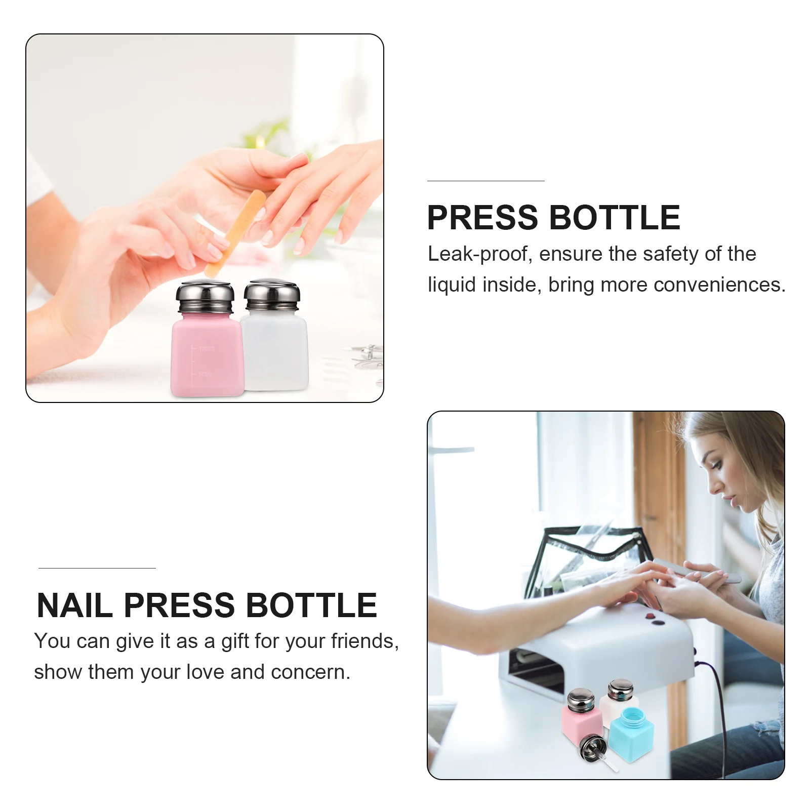 3 قطعة 100 مللي مزيل طلاء الأظافر الصحافة زجاجة المدمجة المحمولة خفيفة الوزن سهلة الحمل رائعة براعة مانعة للتسرب هدية
