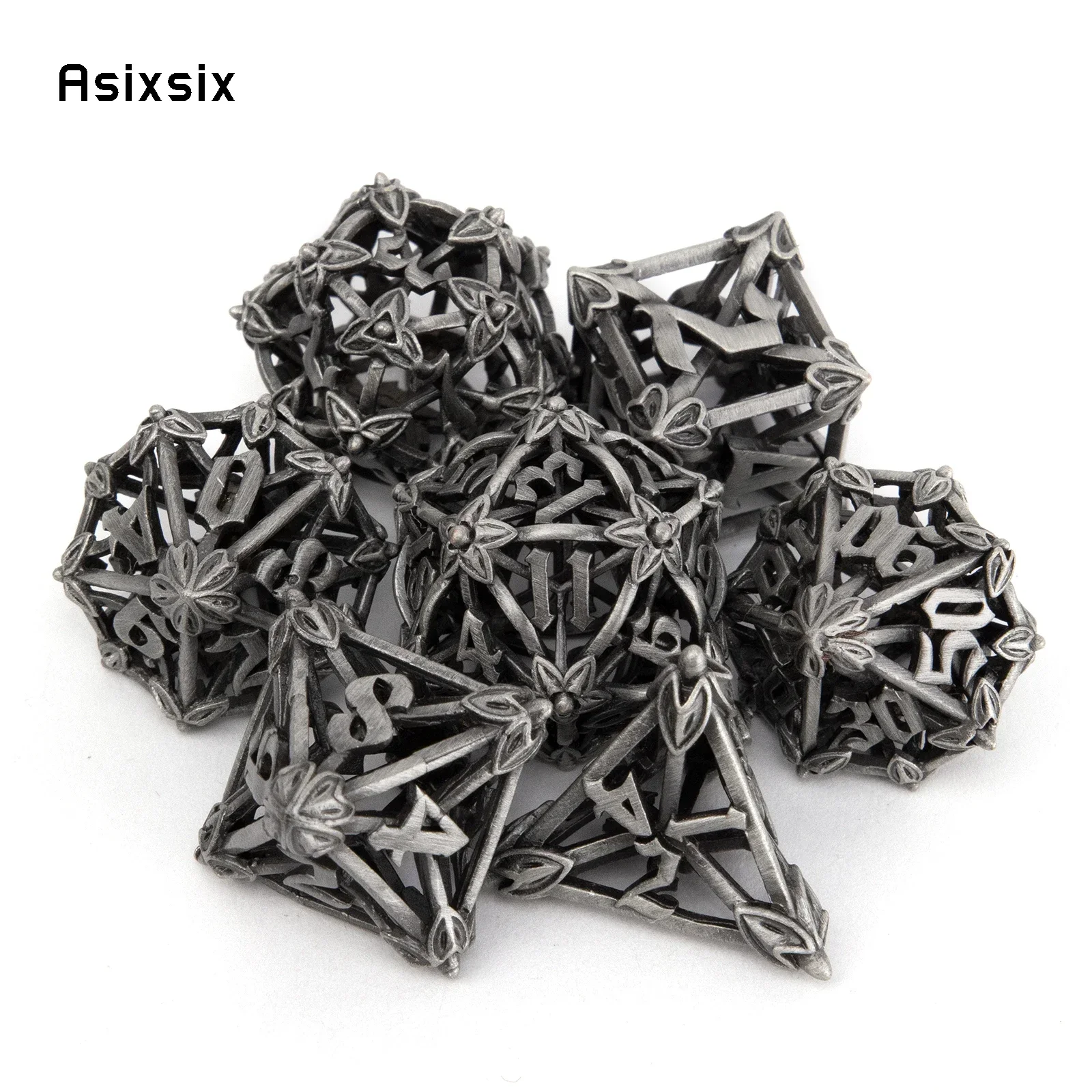 

7 Pcs Silver Leaf Flower Metal Dice Hollow Metal Polyhedral Dice Set Suitable for Role-Playing RPG Board Game Gift