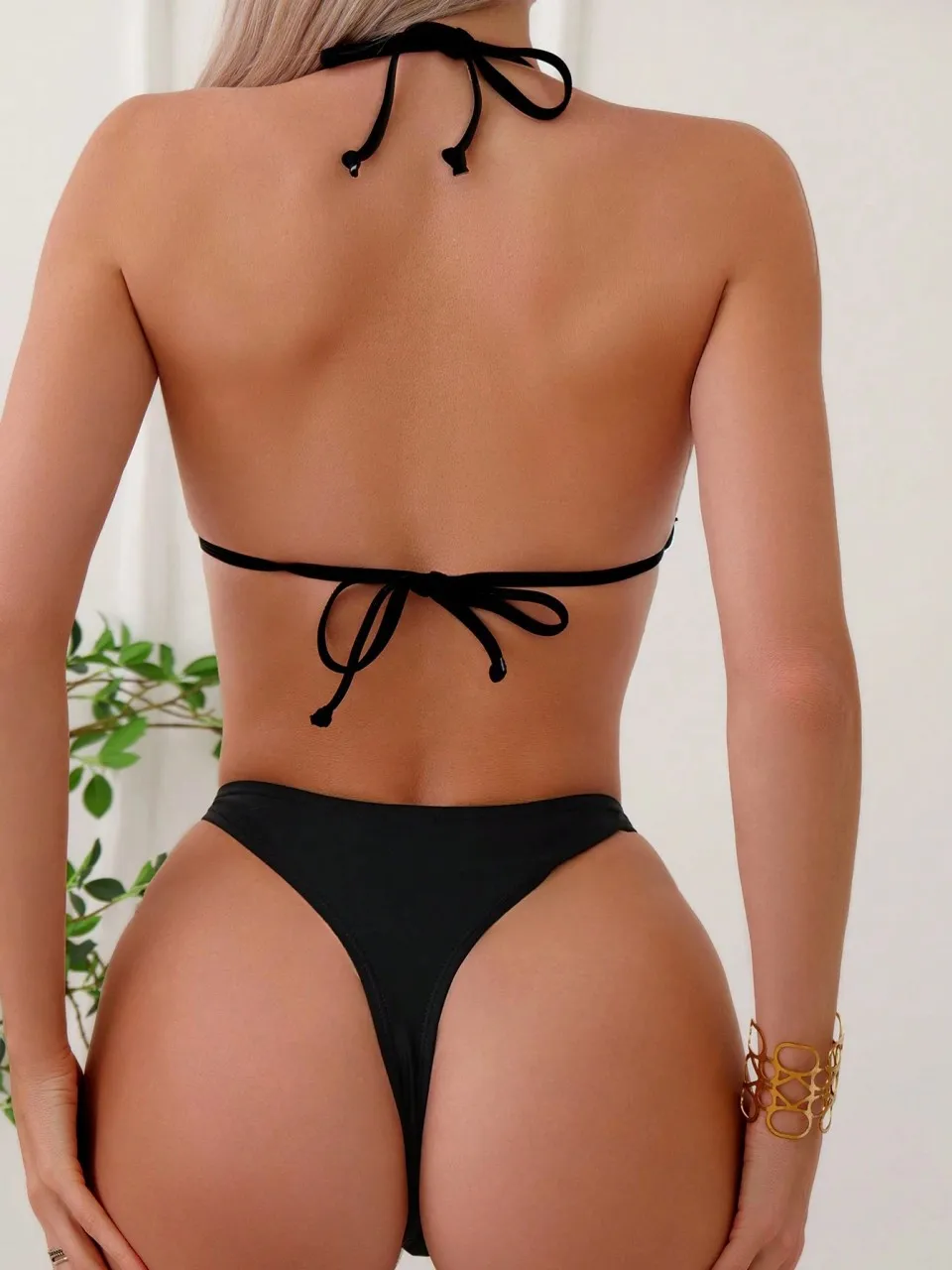 String Halter Bikini 2026 Sexy Solid Swimsuit Women Pearl Linked Swimwear Female Bathers Bathing Swimming Suit Padded Beachwear