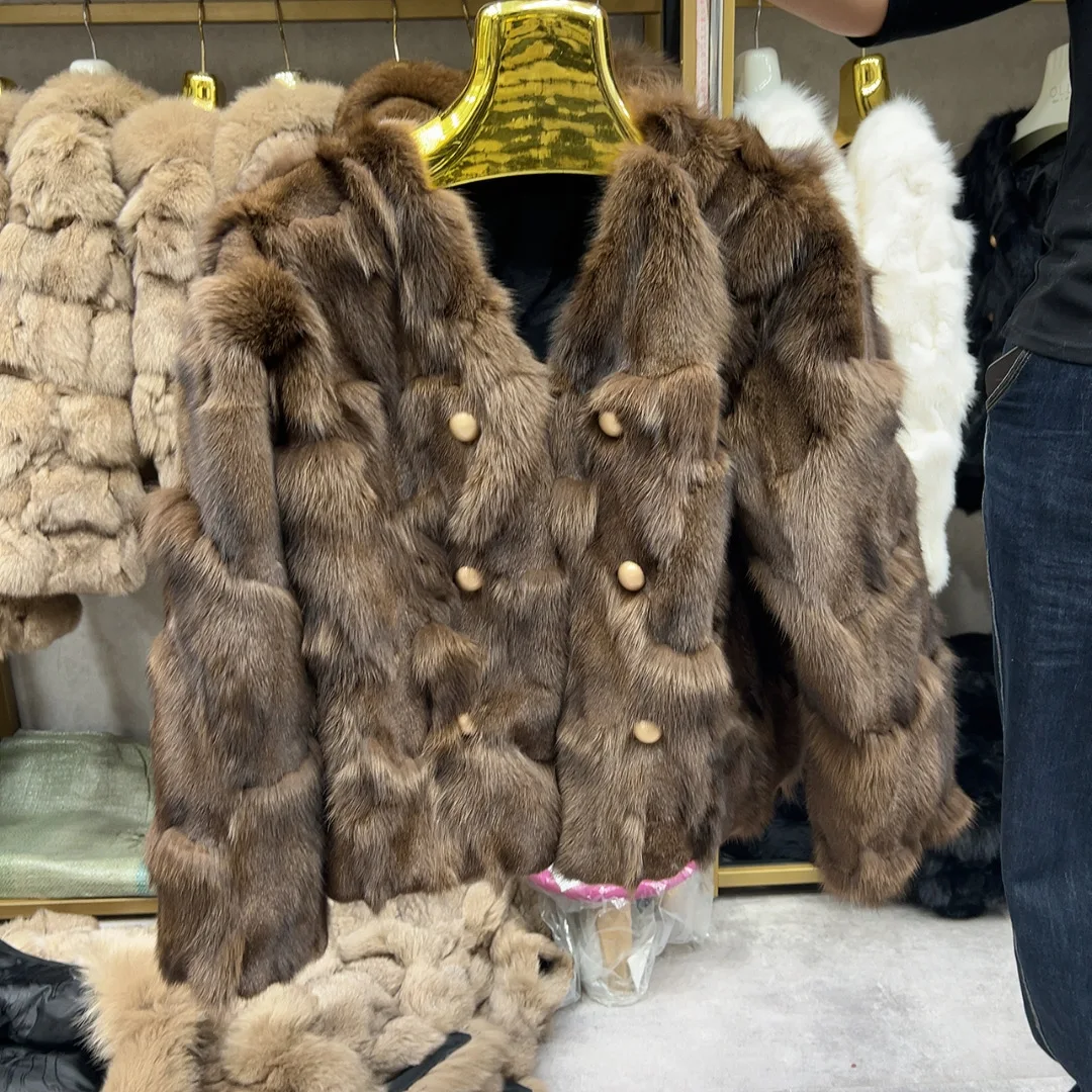 HUA QIU MEI SI Women's Natural Fox Fur Leather Jacket with Pearl Buckle Fashionable Autumn and Winter Real Fox Fur Coat