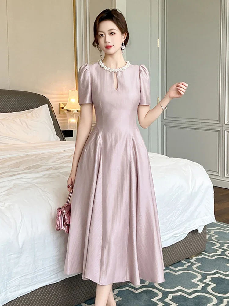

Summer Fashion Elegant Solid Vacation Evening Dress Women Clothes Pearl Hollow O-Neck Slim Midi Robe Party Prom Vestidos Fiesta