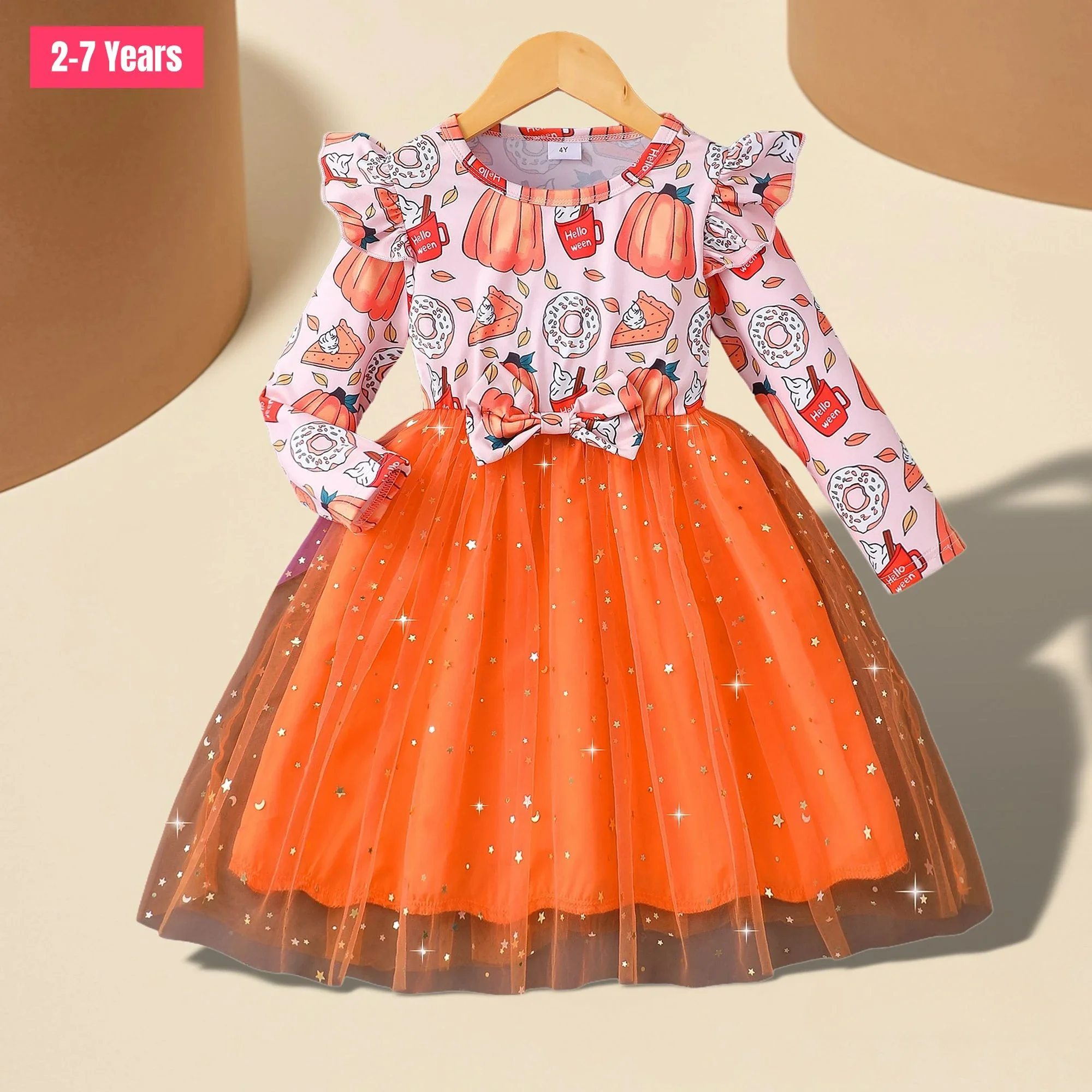 Halloween Girl Costume Children Dress Party Mesh Horror Theme Orange Long Sleeve Pumpkin Soft Ventilate Baby Girl Clothing 2-7