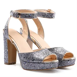 Luxurious Shiny Platform Chunky Block High Heels Sandals For Women Glitter Sequins Ankle Strappy Shoes Summer Dress Sandalias