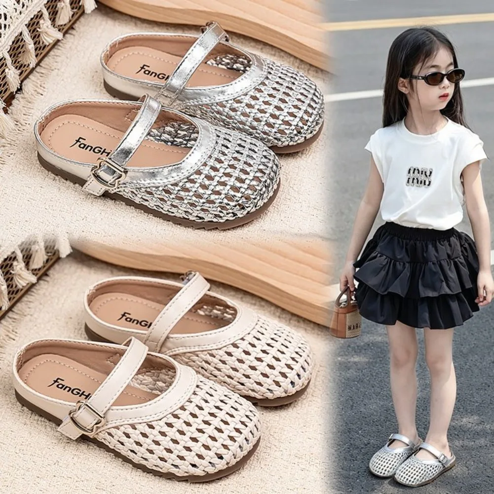 

Toddler Girls Ankle Strap Leather Sandals 2026 New Summer Kids Braided Beach Slippers Non-slip Simple School Party Daily Wear