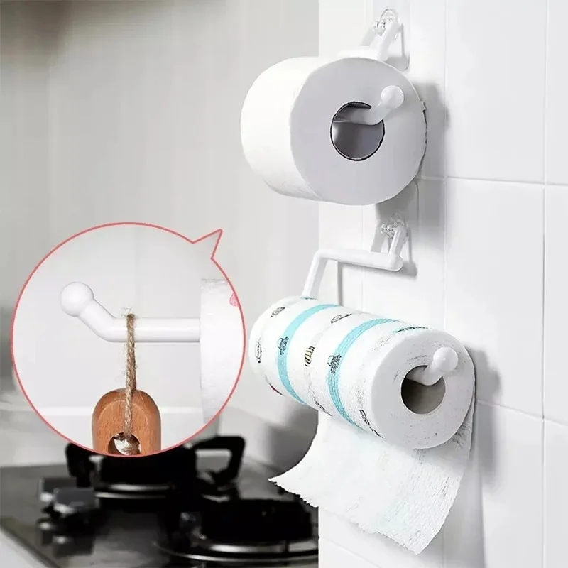 Bathroom Toilet Paper Holder, Cabinet Hanging Paper Roll Organizer, Handy Towel Hook for Home Kitchen Tissue Storage Accessories