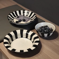 Black and White Strip Ceramic Tableware,Porcelain Deep Dish,Straw Hat Plate,Pasta Dinner Plates,Bolws,Dinnerware,Microwave Safe