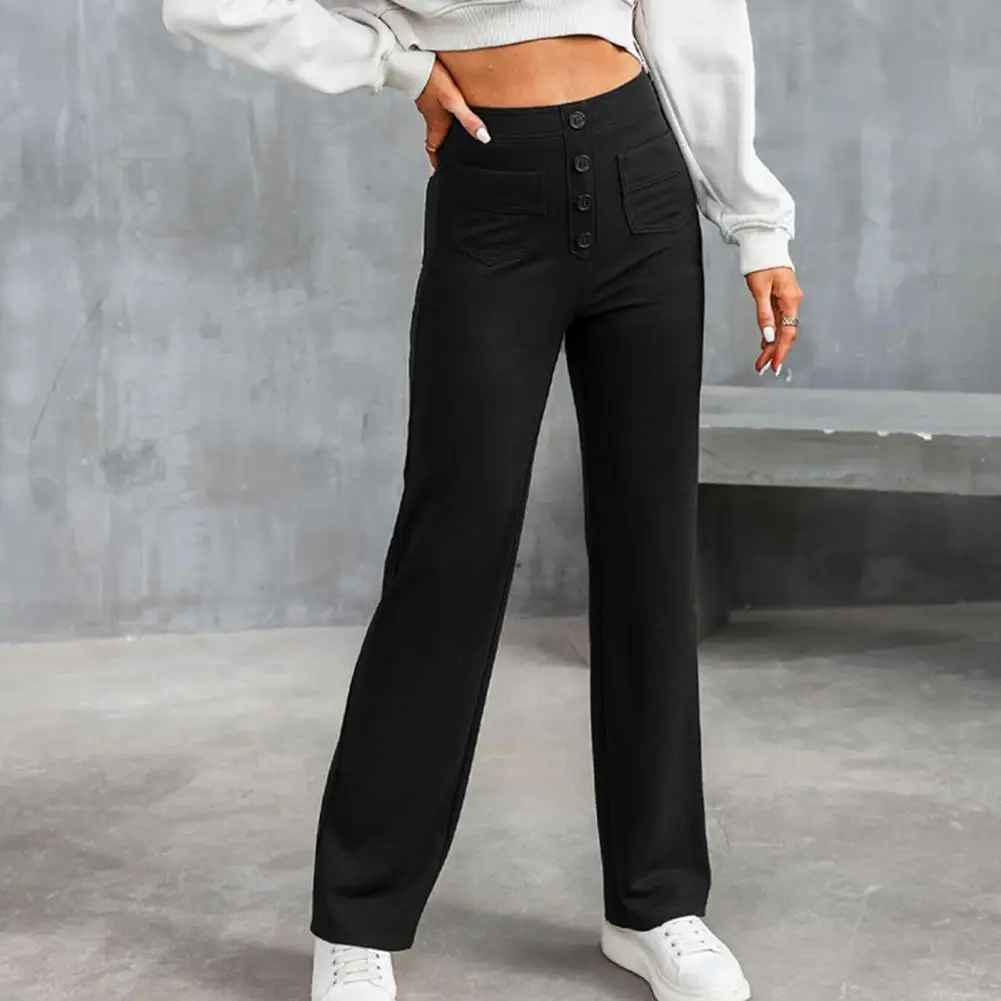 Women Slouchy Pants Stylish High Waist Wide Leg Women\'s Pants with Button Closure Elastic Pockets Casual Solid Color for Ladies