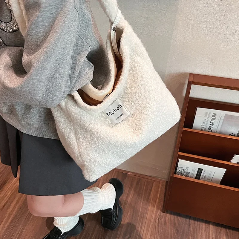 Ins Niche Cream Series Autumn and Winter Thickened Plush Shoulder Bag Large Capacity Portable Tote Shopping Bag Lazy Wind