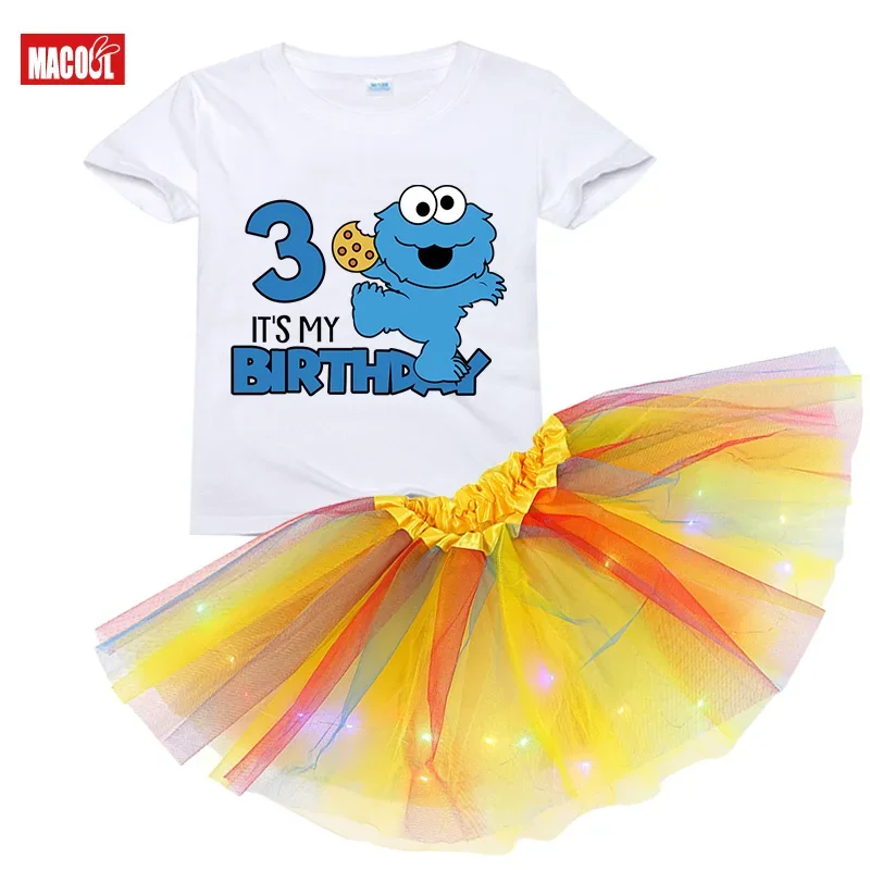 

Girls Kids Dress Clothes Short T-shirt+ Glow Sequins Skirts Dress Set 2025 Summer Clothing Birthday Custom Luminous Skirt Suit