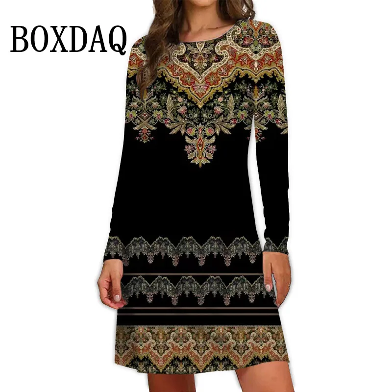 2024 Fall New Arrival Women\'s Dresses Ethnic Style Bohemian 3D Printing Dress Vintage Casual Loose Long-Sleeve Fashion Clothing