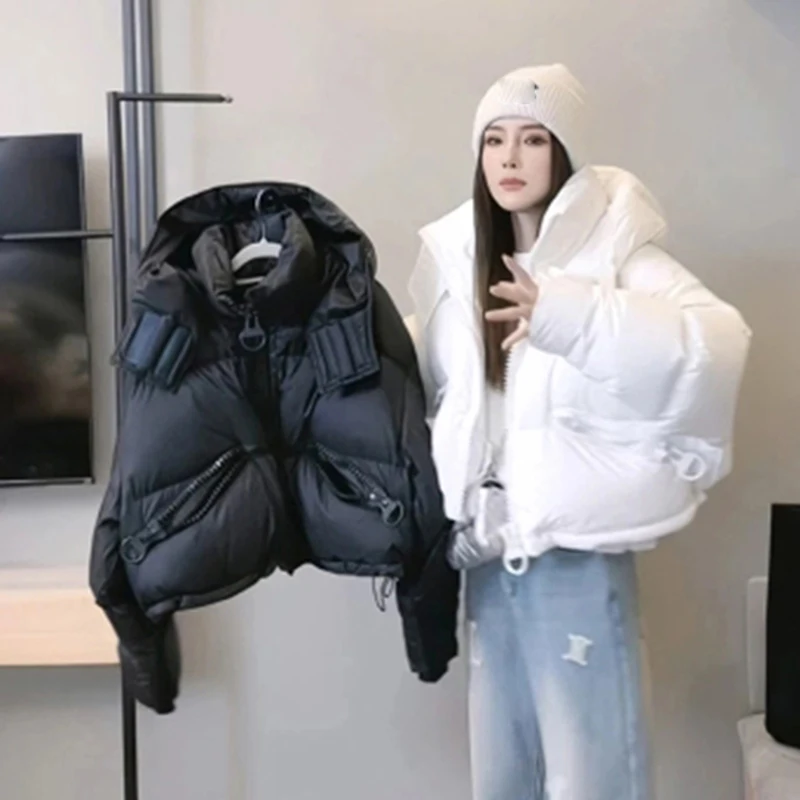 Fall Winter Warm Puffy Jacket Women Zip Up Harajuku Y2K Parkas Coat Long Sleeve Loose Casual Lazy Cargo Cropped Outwear