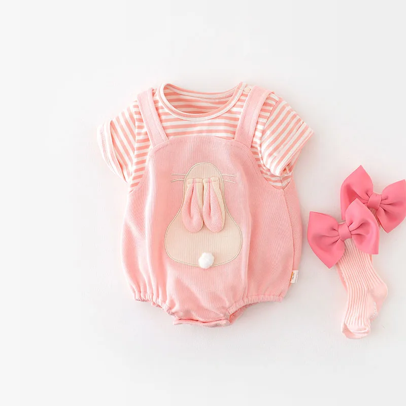MILANCEL Summer False 2pcs Baby Girls Cute Bunny One Piece Overall Jumpsuits Cotton Infant Baby Bodysuit Clothing Outfits