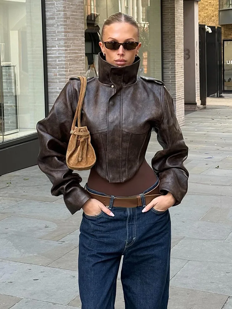 Veste en cuir pour femme, col montant, manches longues, tunique, simple boutonnage, manteau tendance pour femme, vêtement de moto et d'extérieur, printemps