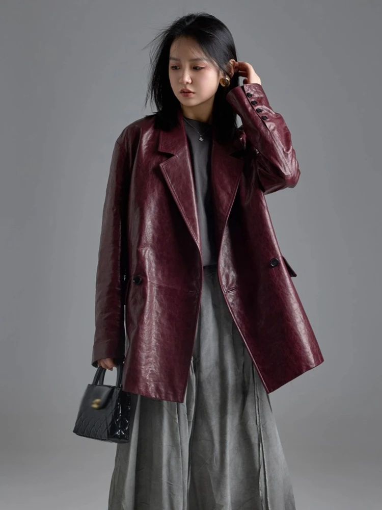 Vintage-Blazer aus echtem Leder für Damen, Herbst und Winter, 2022, neuer High-End-einfacher, lockerer, weicher Ölwachs-Mantel aus echtem Schaffell